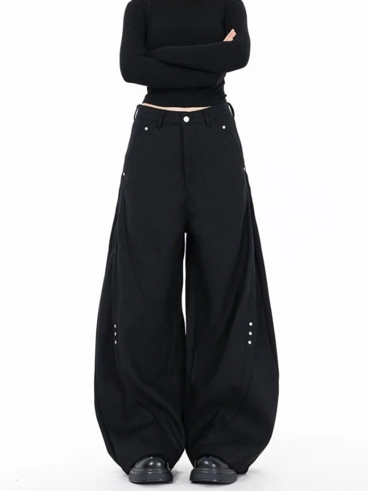 

HOUZHOU Black Women Suit Pants Brown Rivet Wide Leg American Retro Trousers Baggy Basic Casual Offiec Lady Solid Color Scimitar