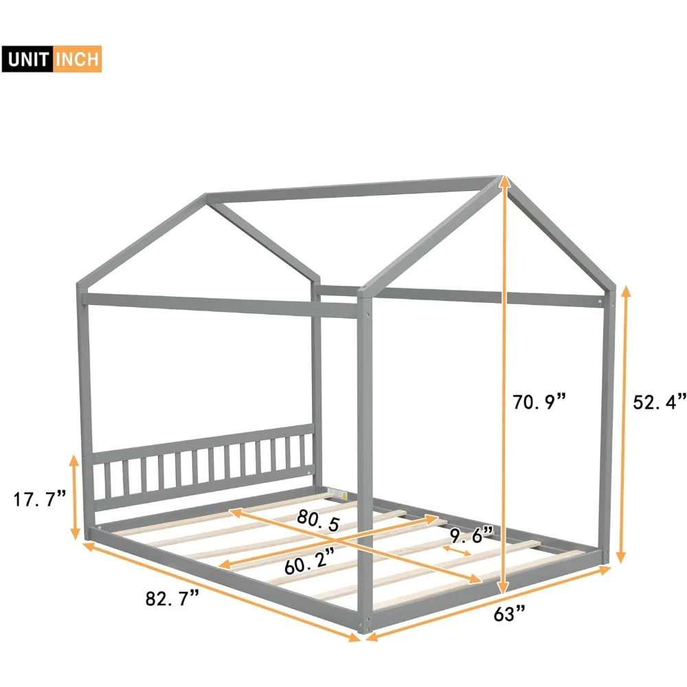 إطار سرير خشبي بحجم كوين للأولاد والبنات والأطفال والكبار والأطفال الصغار مع لوح رأسي، رمادي #2