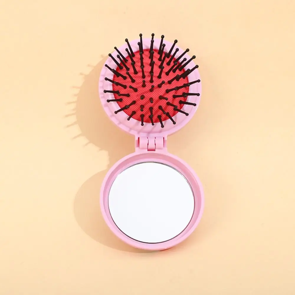 Durable Morandi Color Round Folding Comb with Mirror Anti Static Bow Air Cushion Comb Crown Compact Pocket Hair Brush Girl