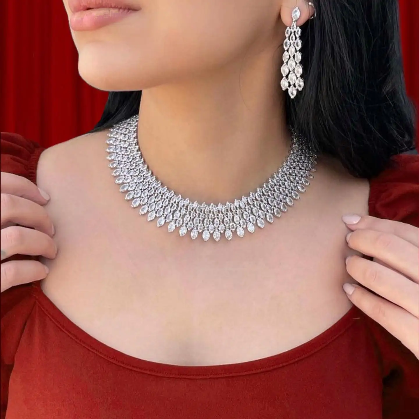 Luxury UAE CZ Zircon Wedding Jewelry Sets For Women Luxury Dubai 2 Pieces Bridal Choker Necklace Earring Set