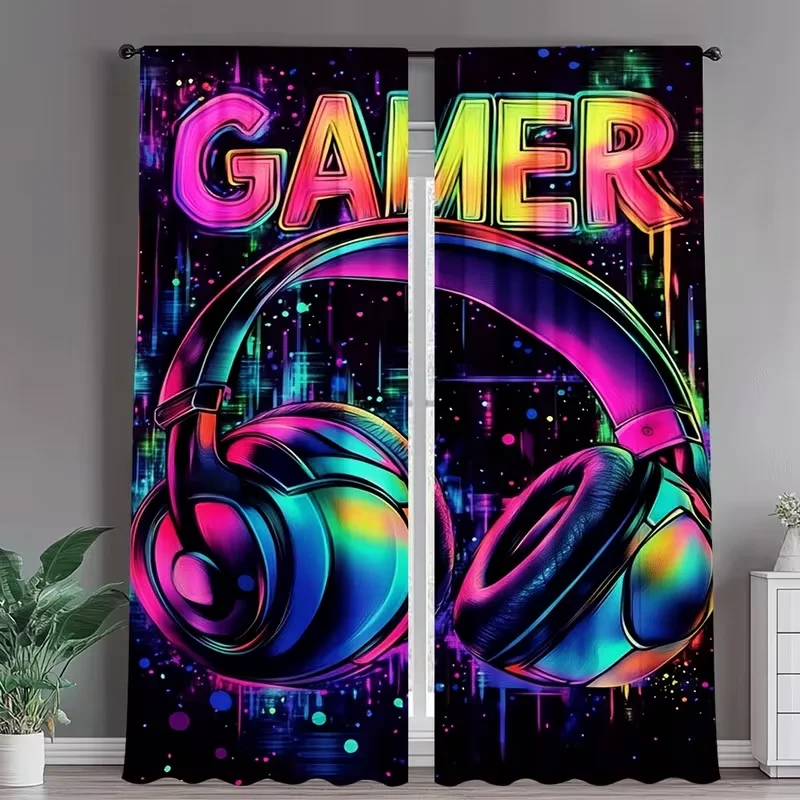2PC Neon Gamer Headset Graffiti Sheer Curtains - Gaming Themed Print Window Drapes for Man Cave Bedroom Decor