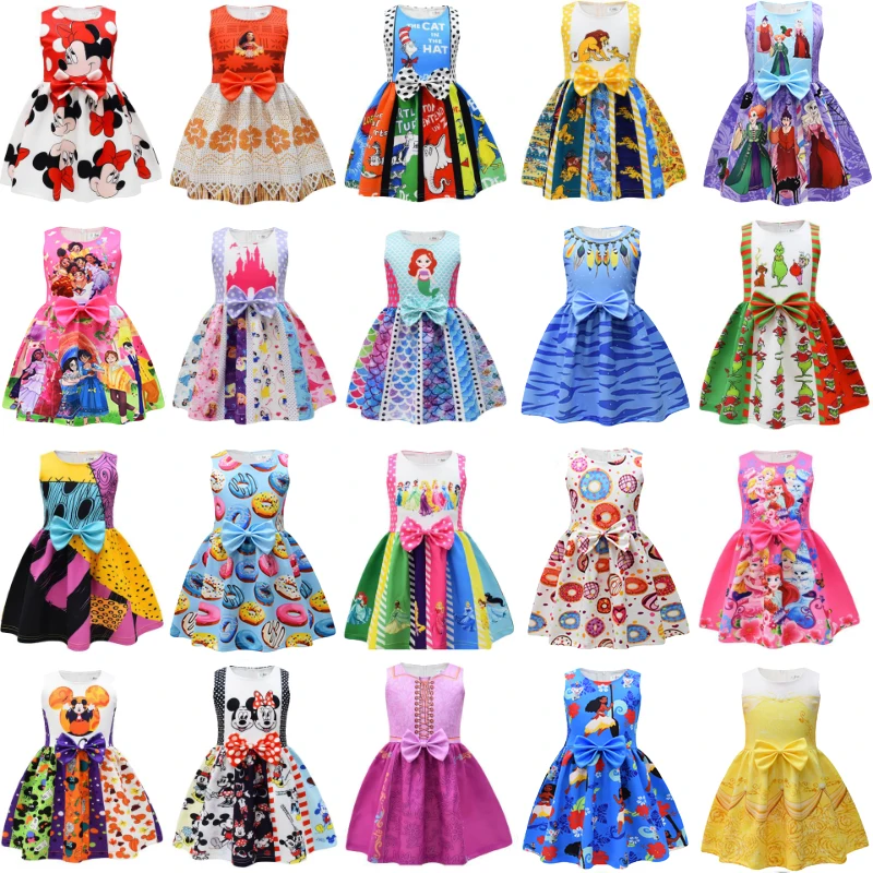 

Kids Dresses for Girls Cartoon Mickey Minnie Mouse Bowknot Dress Moana Encanto Frozen Elsa Princess Dress Baby Girls Party Dress