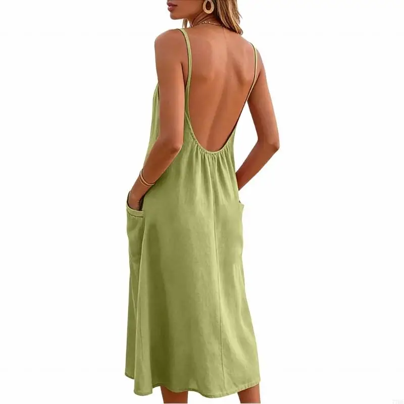 

77HE Women's linen dress, backless, long, casual, backless, flowing, long beach dress