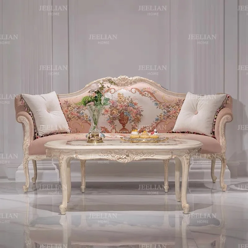 

French solid wood court living room sofa combination villa pink printed fabric single three people coffee table furniture