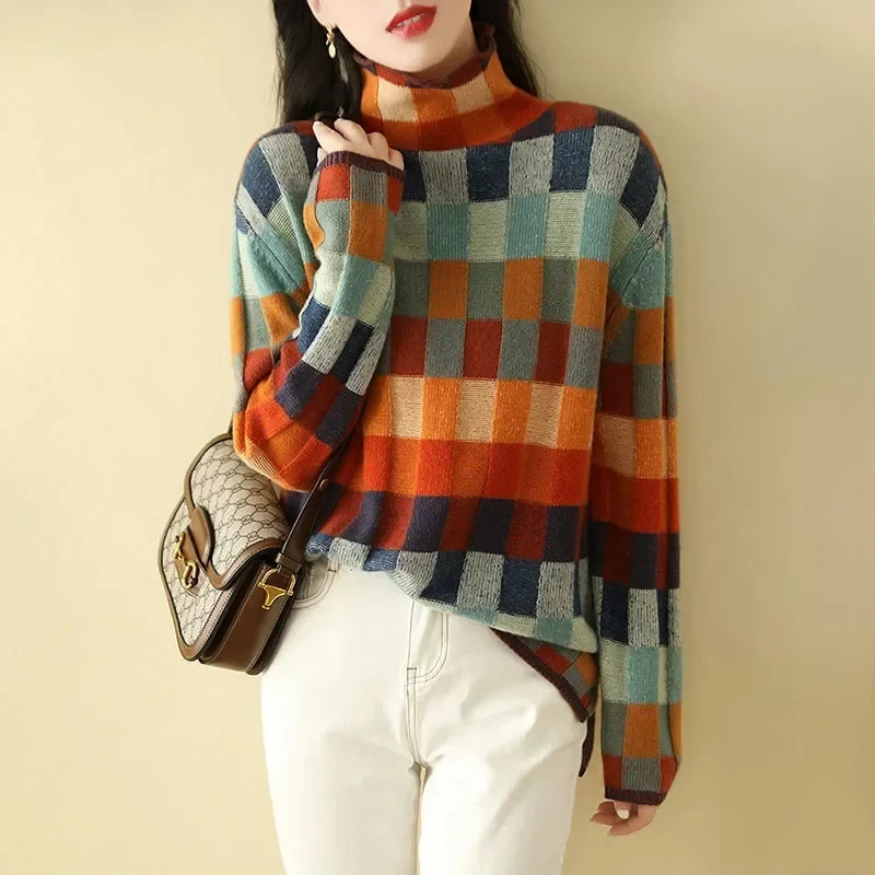 

Winter Knitted Women Sweater Plaid Korean Fashion Turtleneck Long Sleeve Y2K Pullover Sweaters