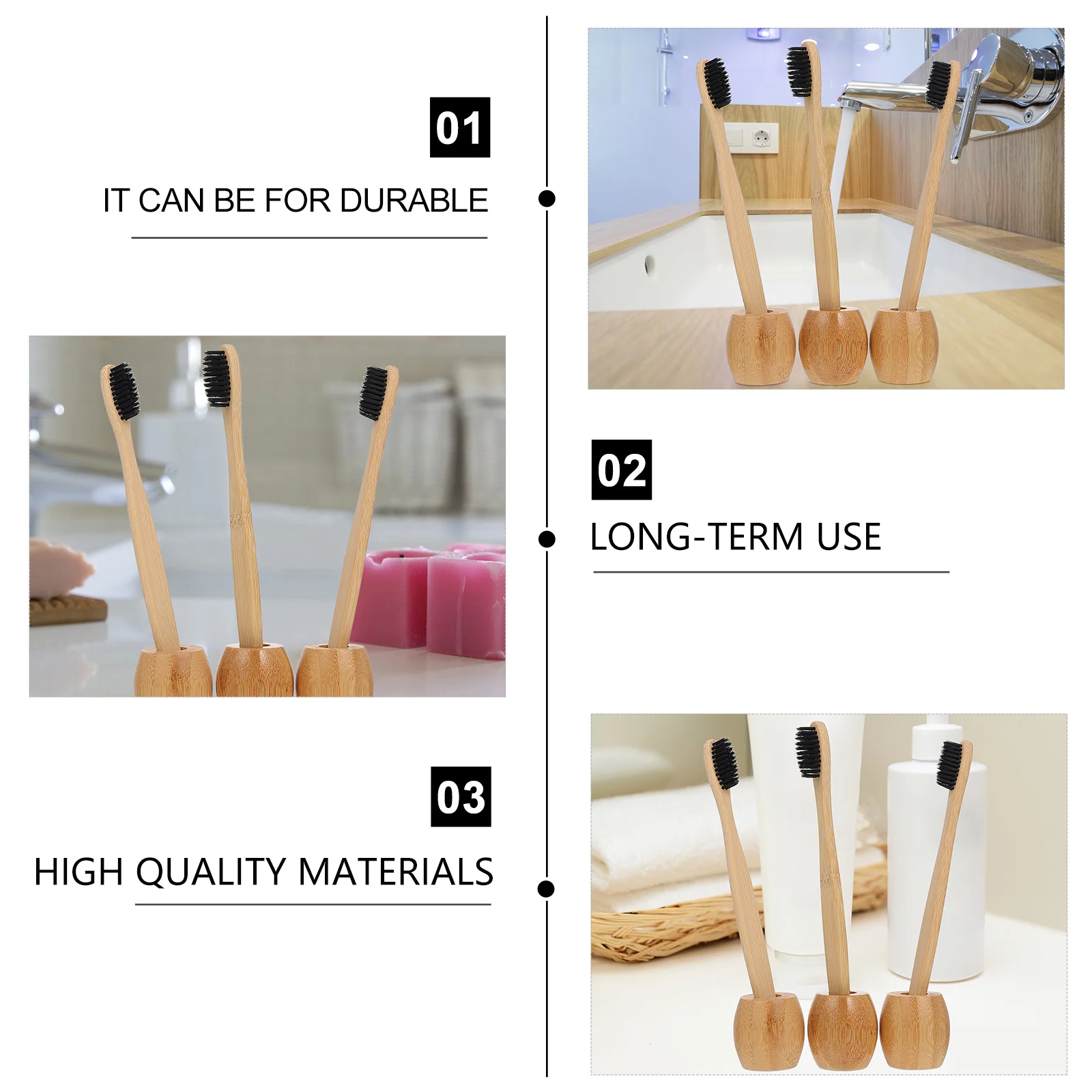 

3Pcs Bamboo Toothbrush Stands Mini Size Round Toothbrush Holders Space Saving Bathroom Razor Storage Rack Organizer