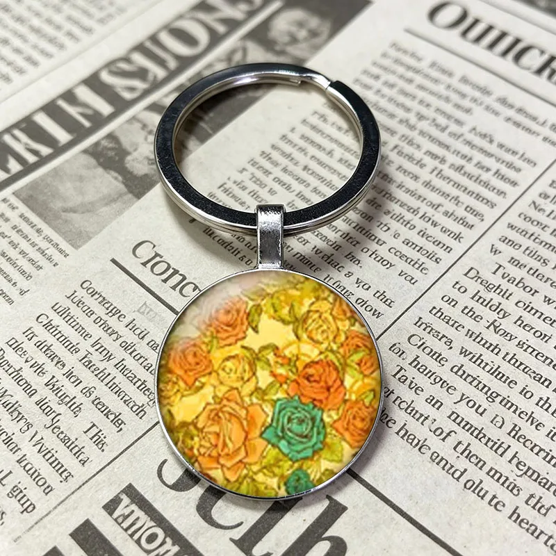 Black Base Red Orange Exotic Floral Swirl Round Key Holder, Retro Folk Boho Gift Cheerful Exotic Garden Decorative For Women