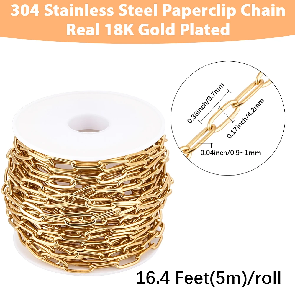 16.4 Feet/5M Gold Plated Paperclip Chains Roll Aluminium 15x8mm Unwelded Oval Link Cable Chains Bulk with Spool for DIY Women