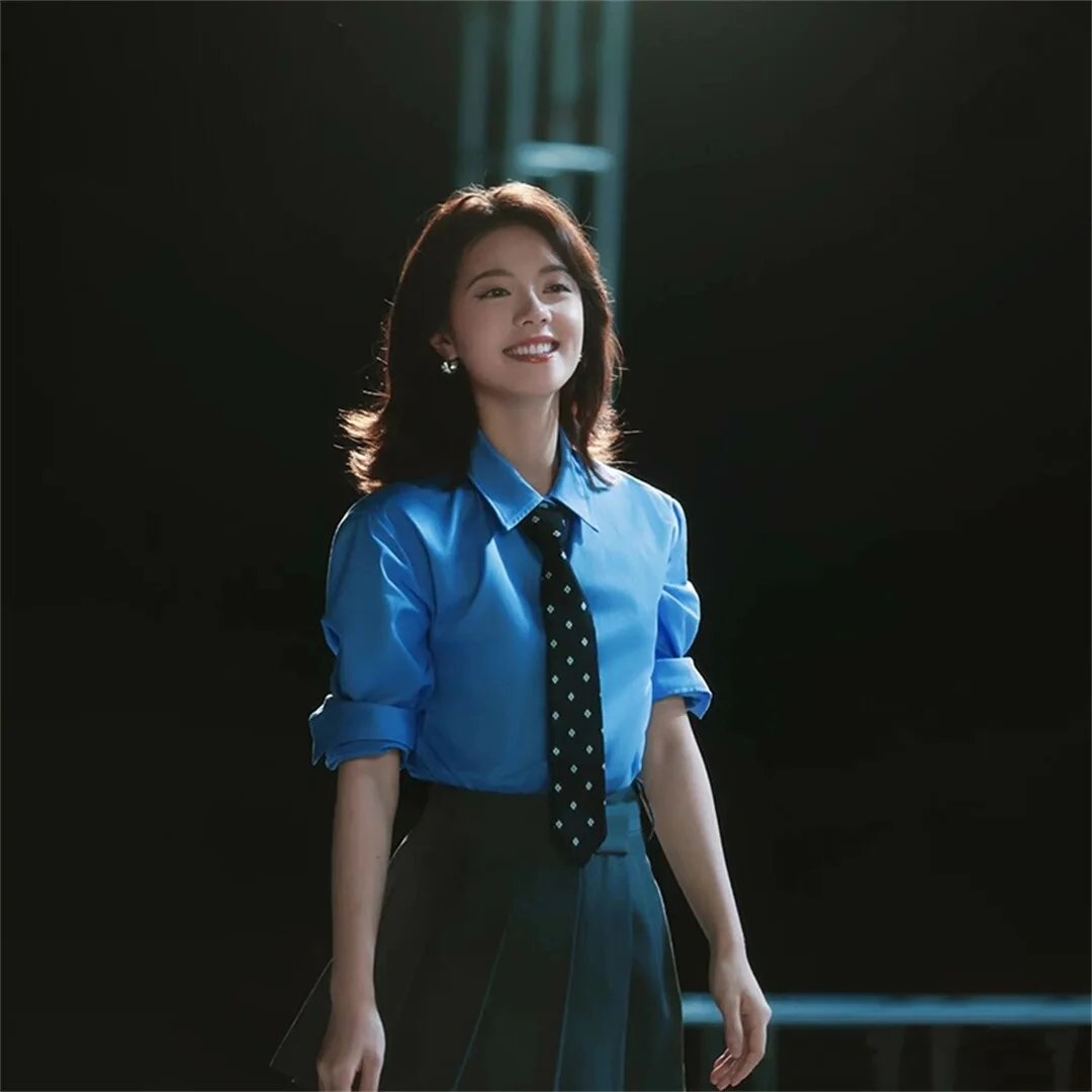 

Zhaojinmai Blue Bowtie Shirt French S School Style Short Cotton Blend Women's Casual Fashion Breathable Long Sleeve Neck