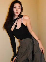 Summer New Solid Color Irregular Y2k Top Casual Lace-up Hollow Women Clothes Hanging Neck Backless Single Side Long Sleeve Tops
