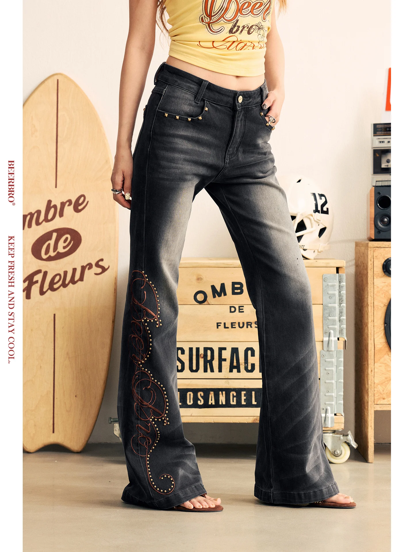 

BeerBro High Waist Slim Fit Jeans Micro Stretch Micro Flared Denim Pants Music Festival Inclusive High Waist Tight Jeans