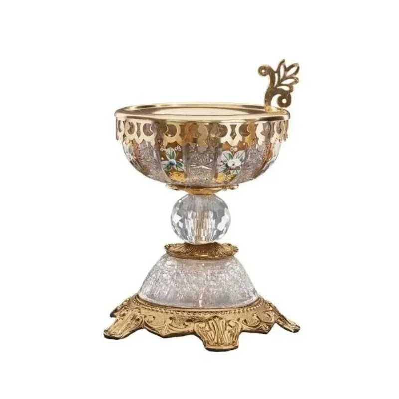Antique brass incense burner with crystal base and floral hand-painted details for elegant luxury home decor