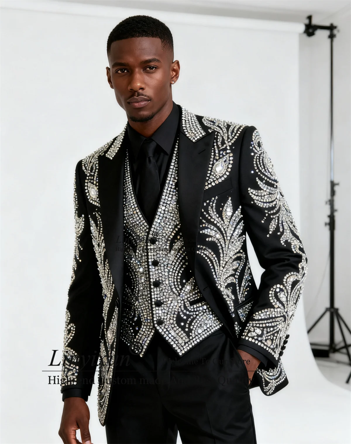 

Sparkly Rhinestones Diamond Men Suits 3 Piece Sets Male Prom Blazers Customized Slim Fit Groom Tuxedos Wedding Costume Homme