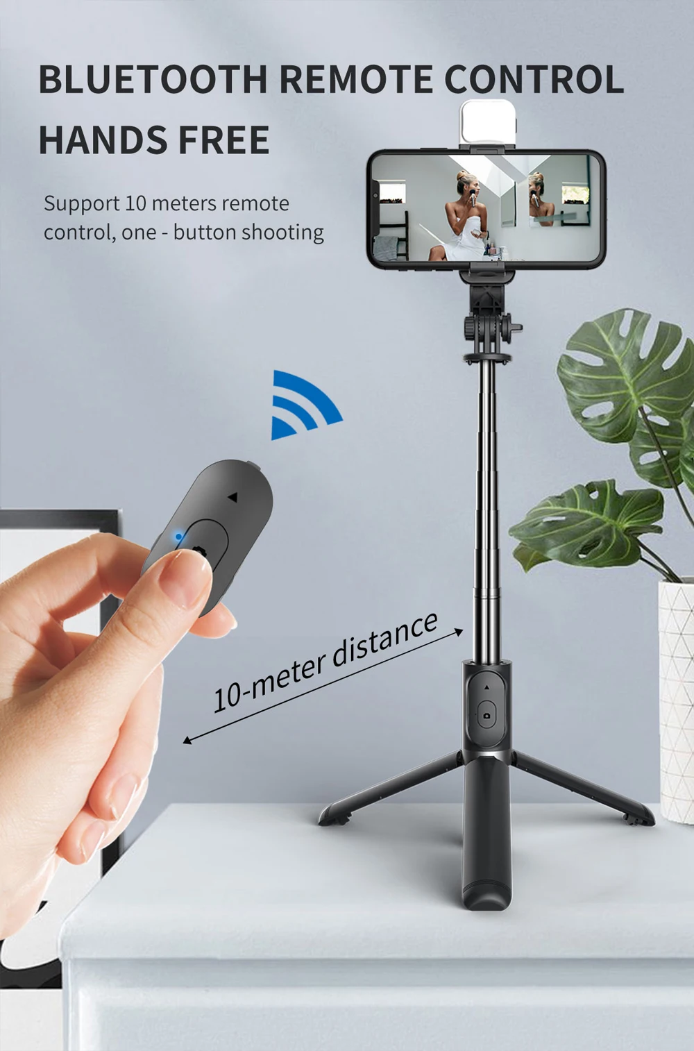 Sem fio Bluetooth Selfie Stick, tripé com controle remoto, tripé extensível com luz LED, destacável, iPhone, Smartphone Android, novo