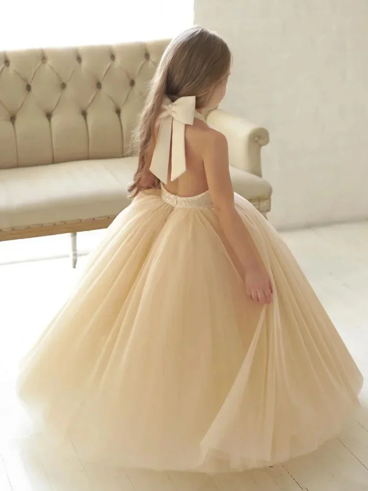 

Elegant Flower Girl Dress For Wedding Tulle Fluffy Backless Sleeveless Birthday Party Pageant Dress First Communion Ball Gowns