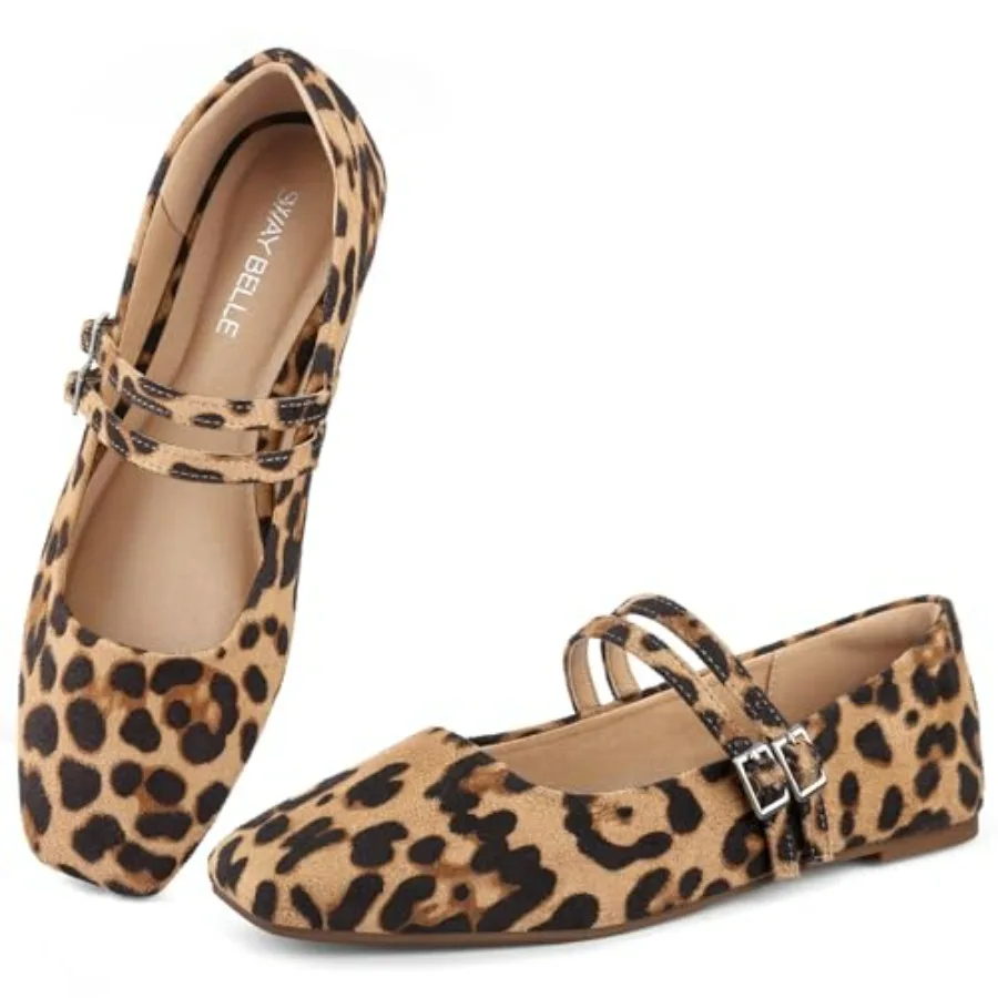 

Womens Mary Jane Flats Adjustable Buckle Double Straps Ballet Flats Square Closed Toe Slip On Casual Shoe