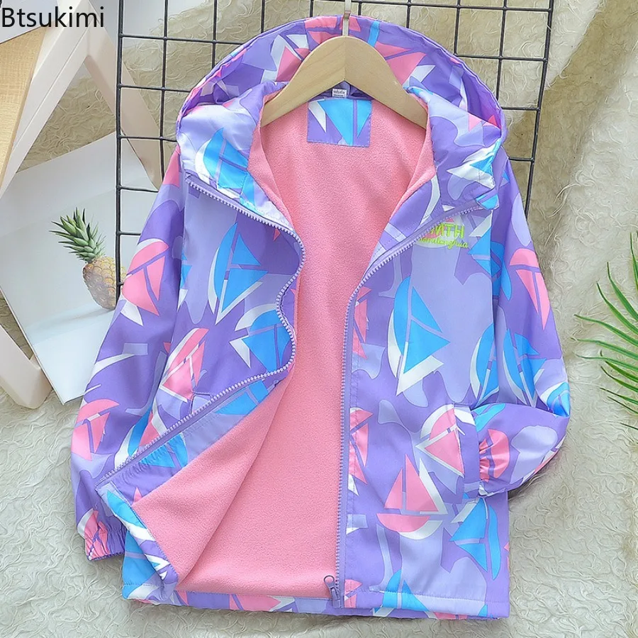 2026 Fashion Girl's Fleece Hooded Coat Outdoor Thick Waterproof Jackets for Kids Warm Clothes Spring Autumn Girls Windbreaker