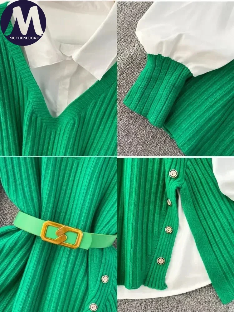 Camicia e camicetta con risvolto a maniche lunghe Camicia bianca Top alla moda Cintura con scollo a V Gilet lavorato a maglia, Casual, Primavera, Autunno Nuovo, Set da 2 pezzi