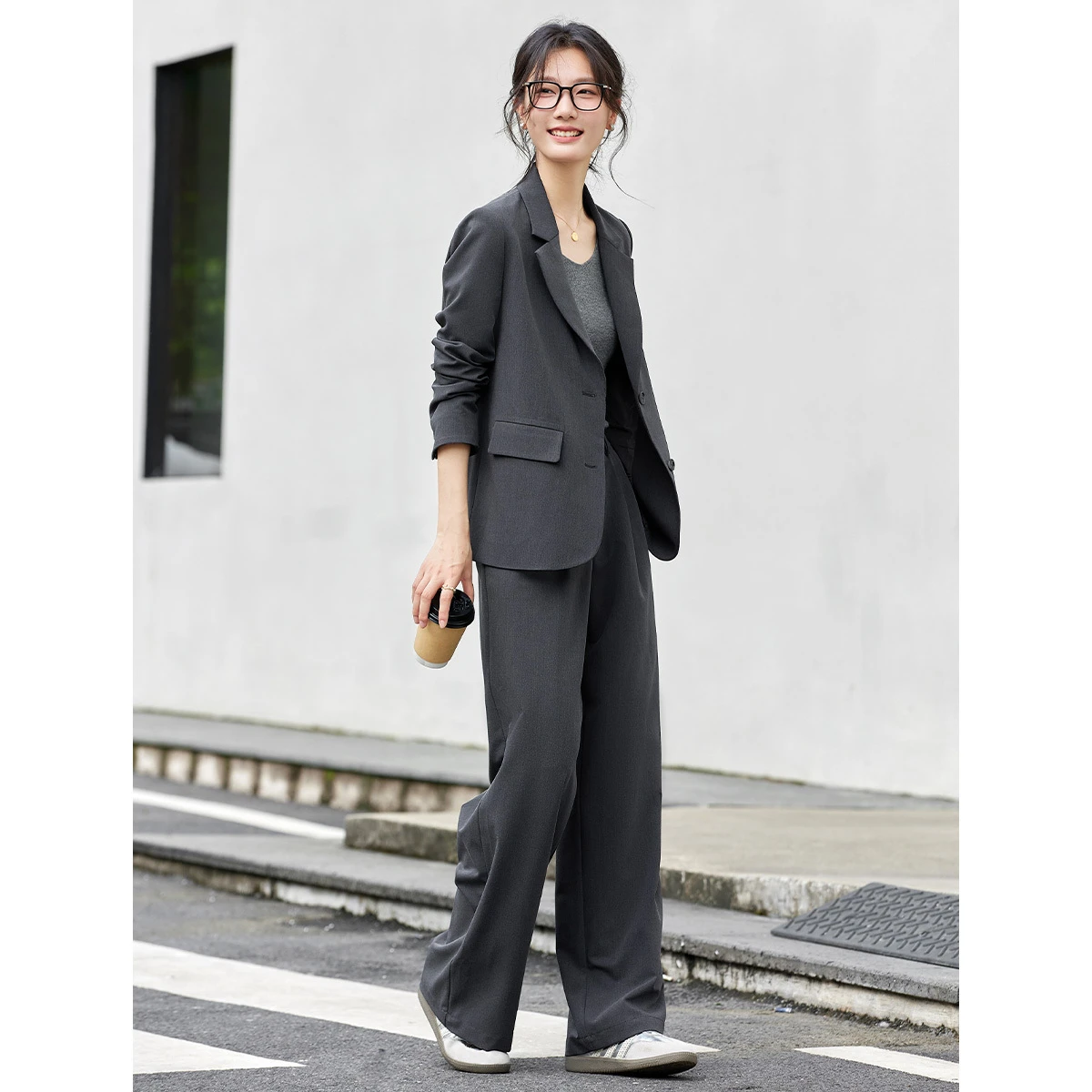 VIMLY Women's Old Money Grey Suit Two-piece Set 2026 Autumn New Casual Blazer Long Wide-leg Baggy Pants Matching Outfit A2208