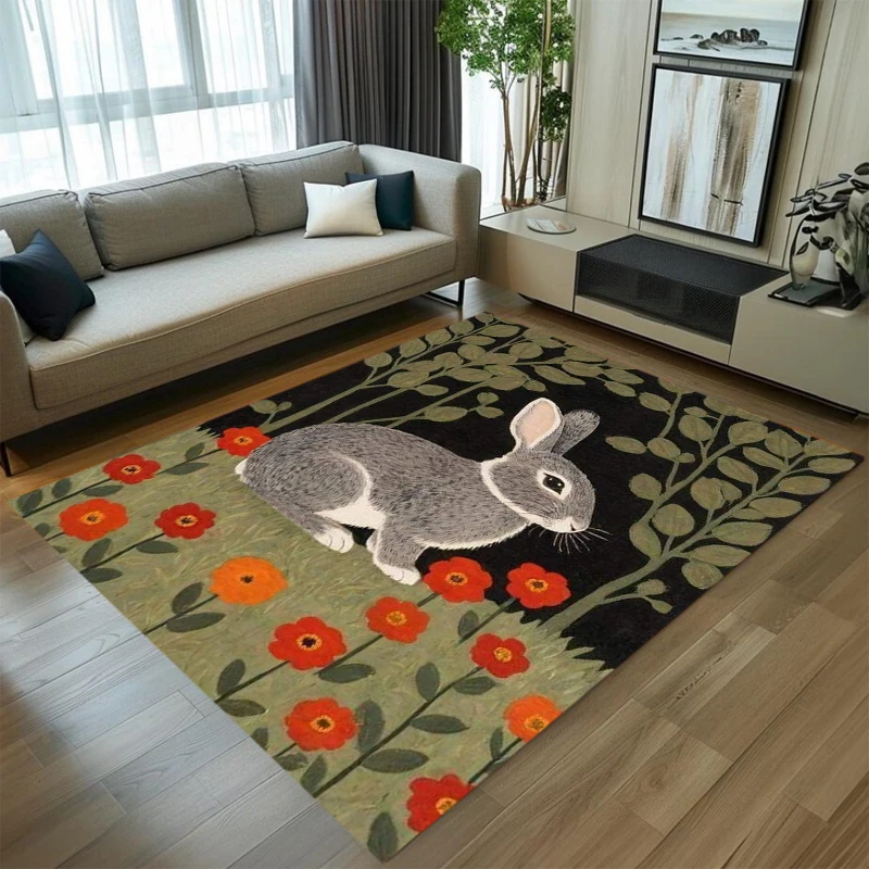 かわいいグレーのウサギ柄エリアラグ、ヴィンテージ風の花柄ポピ - Soft Rug Nursery のレビューと価格