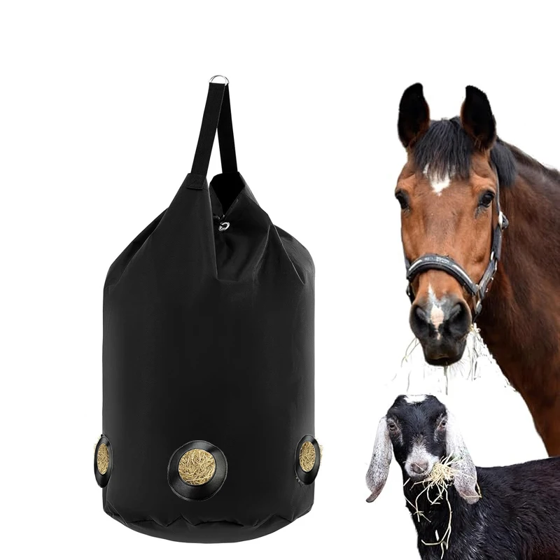 5 Holes Horse Hay Bale Storage Bag Waterproof Foldable Livestock Feeding Bag 600D Oxford Cloth Big Capacity Black