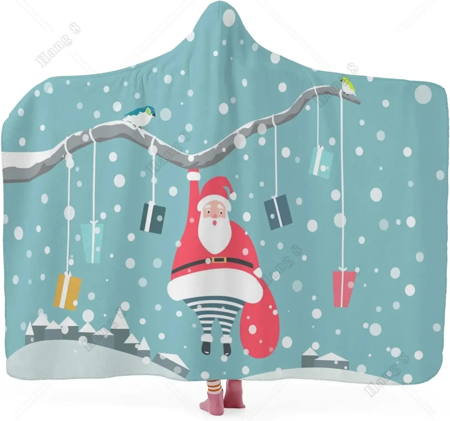 

Snowy Snowflakes and Santa Claus Christmas Hooded Blanket Christmas Soft Wearable Throw Blanket 60x80 Inch Home Portable