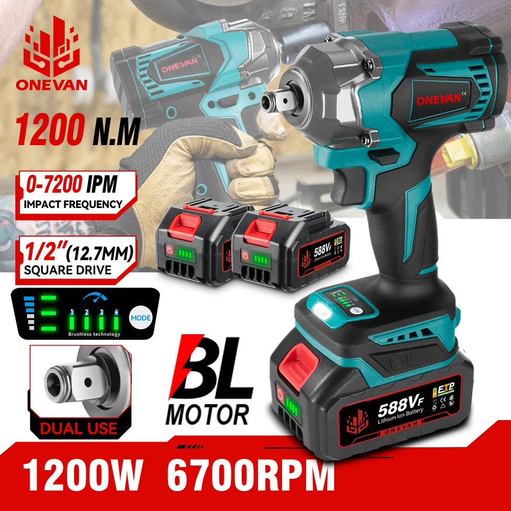 ONEVAN 1200N.M Brushless Electric Impact Wrench 1/2Inch Cordless Screwdriver Wrench Power Tool For Makita 18V Battery Pin