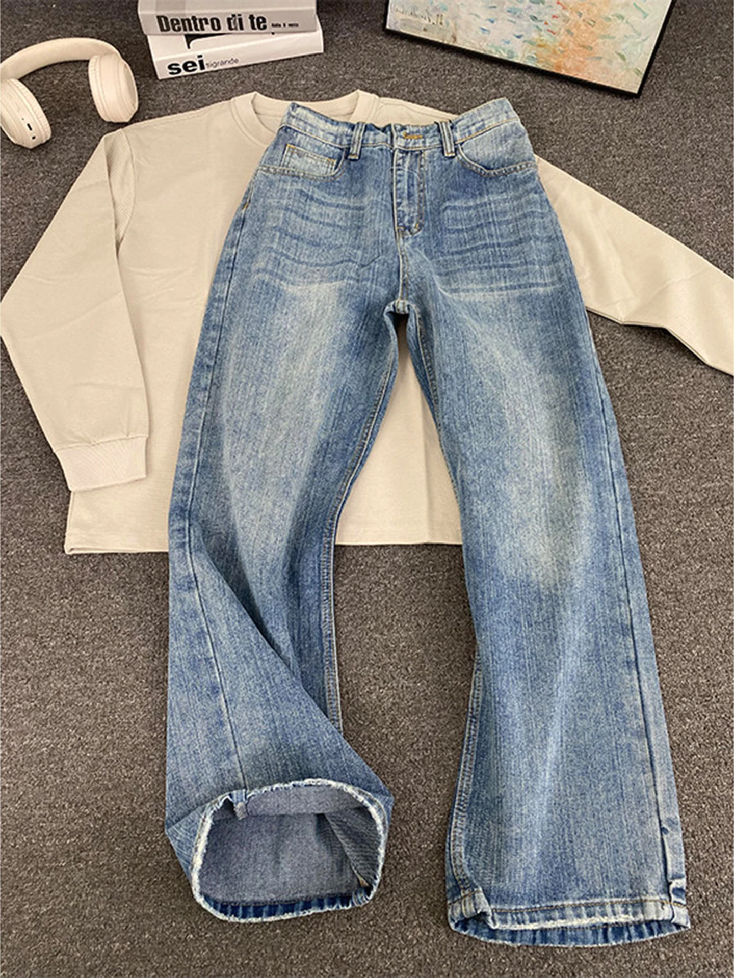 

Мужские джинсы Cleanfit Vintage Blue Washed с бамбуковым узором, американские, в стиле High Street, прямые, широкие штанины, молодежная мода