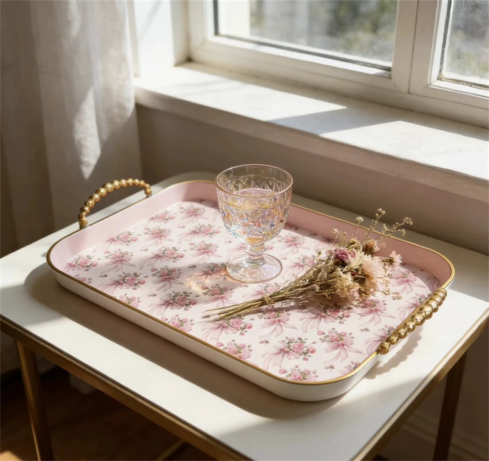 

European Style Vintage Storage Tray Golden Household Living Room Coffee Table Fruit Plate Snacks Afternoon Tea Tray Pink Blue