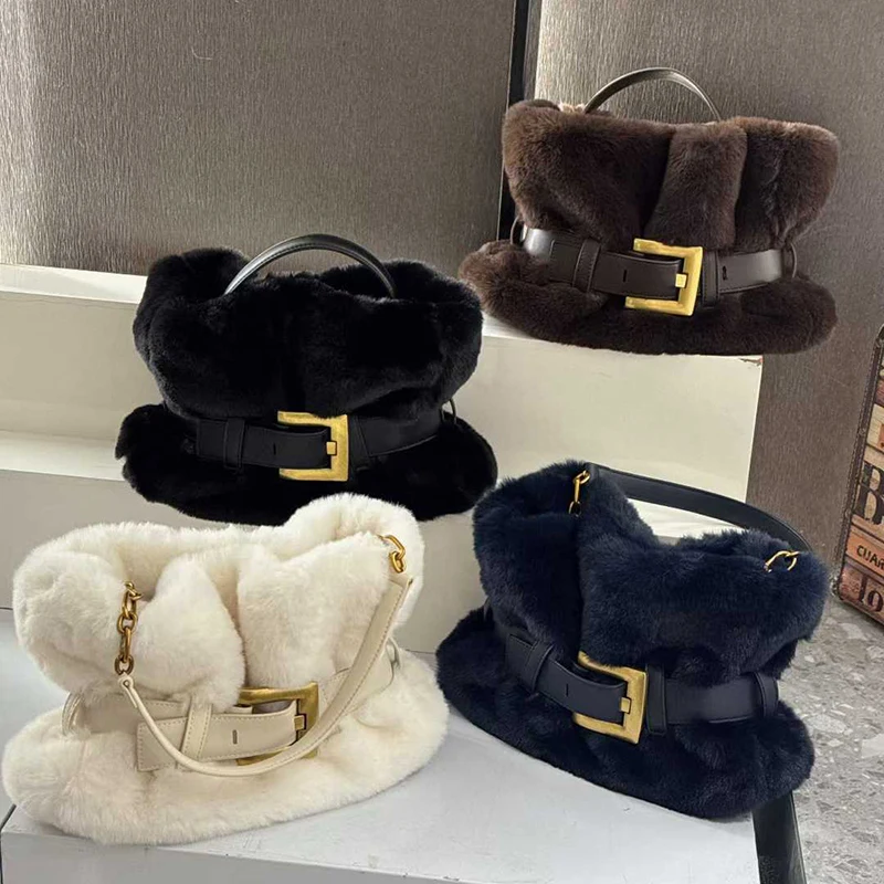 

Luxury Plush Shoulder Bag For Women Brand Vintage Luxury Belt Buckle Handbag Soft Pleated Large Capacity Commuter Trendy Handbag