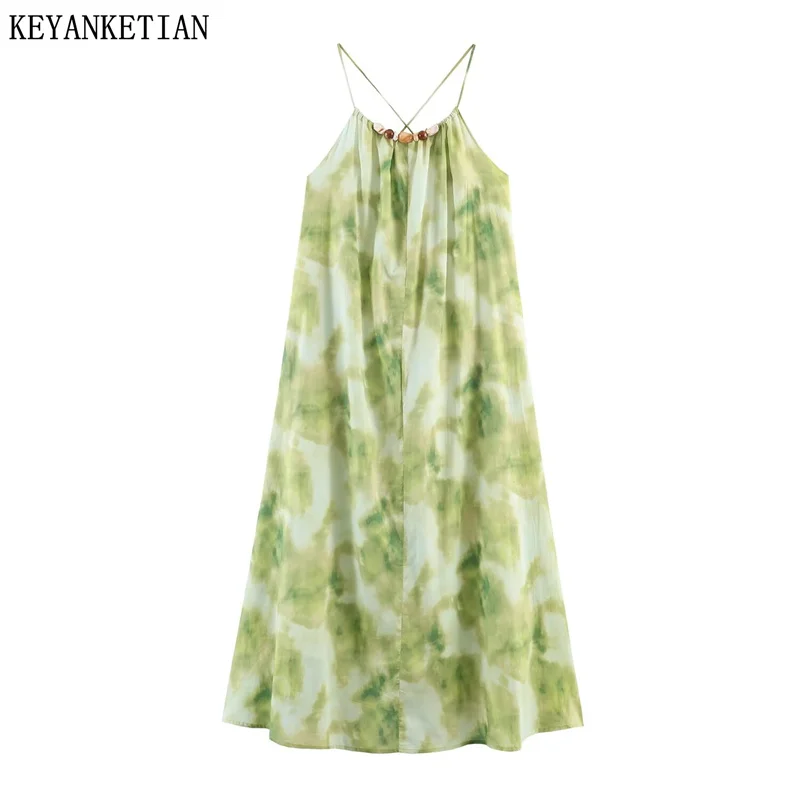 KEYANKETIAN 2026 Nuevo Vestido Largo de Playa para Mujer, Estilo Boho, para Vacaciones, Verde Tie Dye, con Cuello de Cuentas, Tirantes Cruzados Finos y Corte Holgado