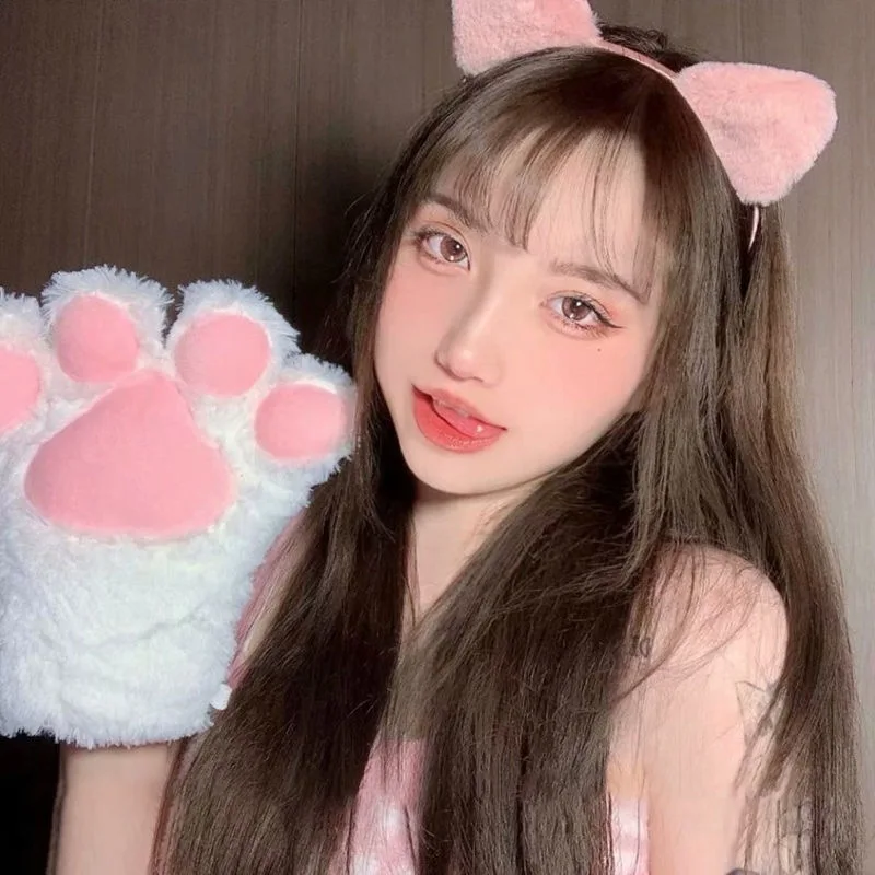 1 Paar Leuke Pluche Kat Poot Handschoenen Warme Pluche Cartoon Vrouwen Anime Cosplay Kerst Pluizige Beer Kat Handschoenen Kostuum Accessoires