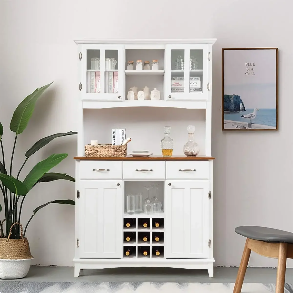 Kitchen Hutch Sideboard, Buffet Cabinet on Storage Island,Wood Kitchenware Server with 3 Large Drawers and 9 Wine Bottle Modules