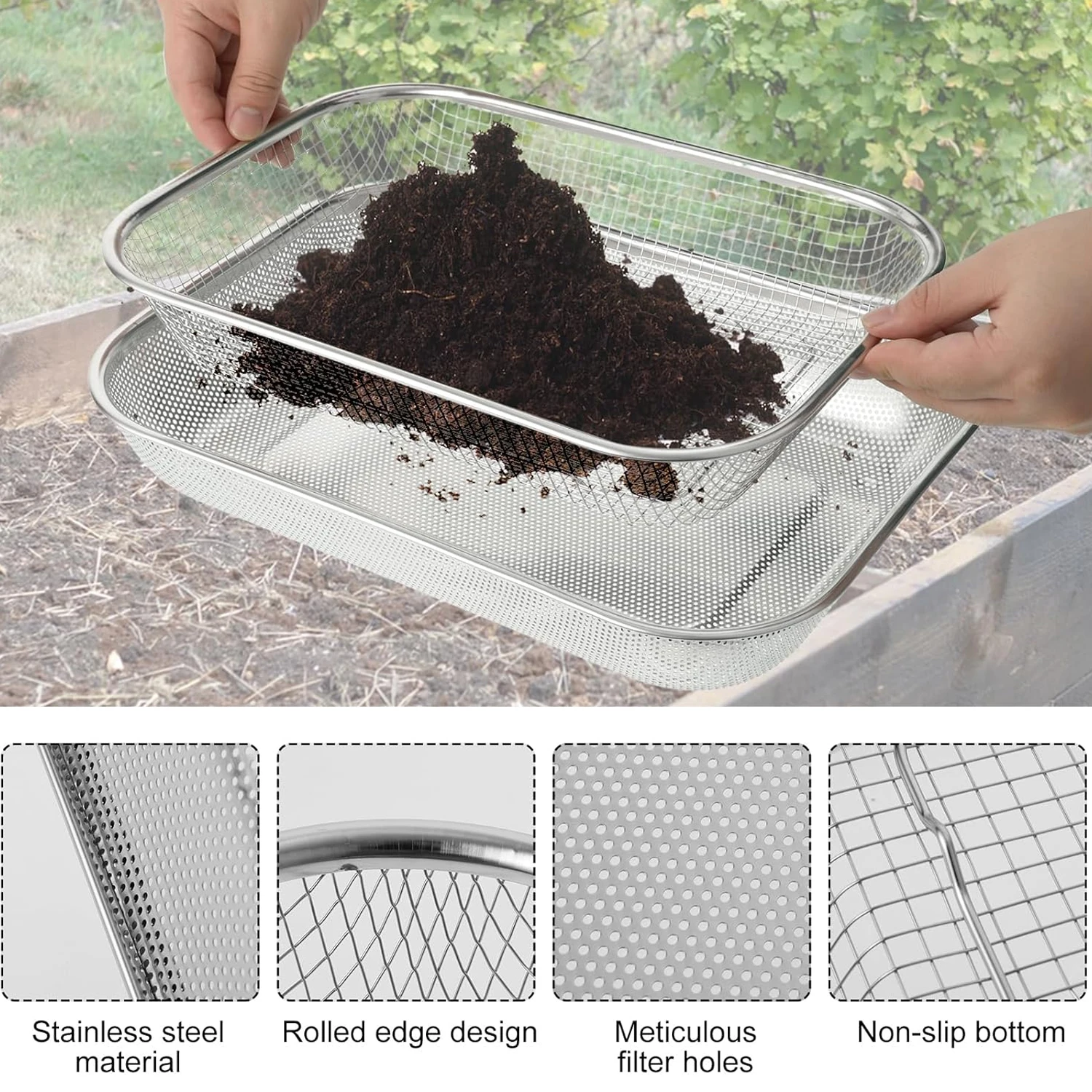الرمال التربة السماد المغربل حديقة أداة المغربل التربة عالية الكفاءة غربال المغربل بوتينغ مغرفة مجرفة صغيرة أدوات يدوية معدنية #6