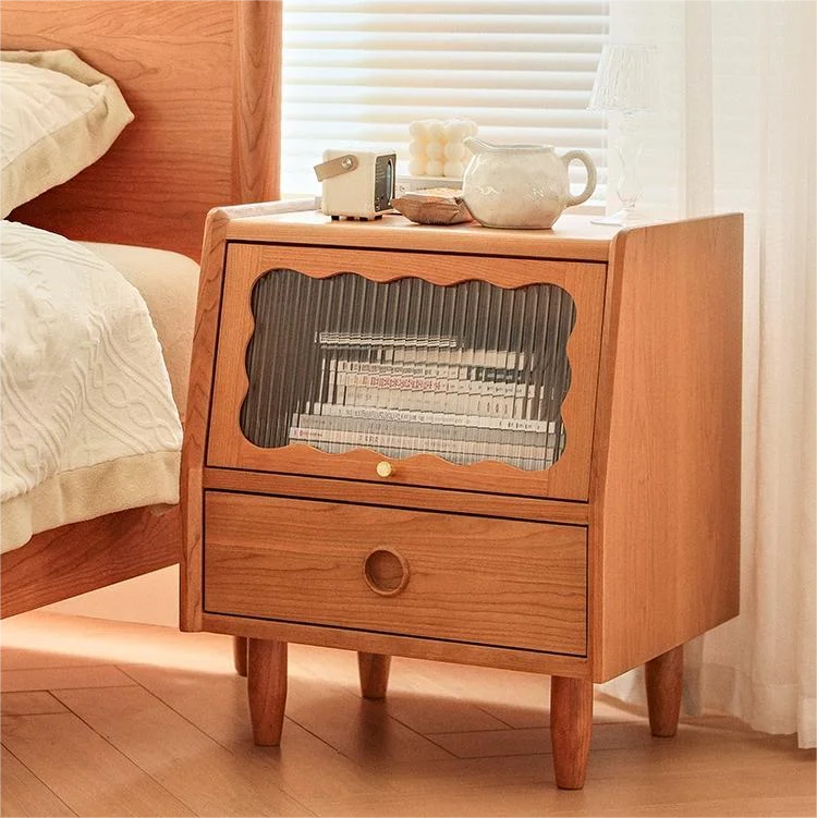 #Modern Solid Cherry Wood Bedside Table With 2 Drawers  Door Bedroom Storage