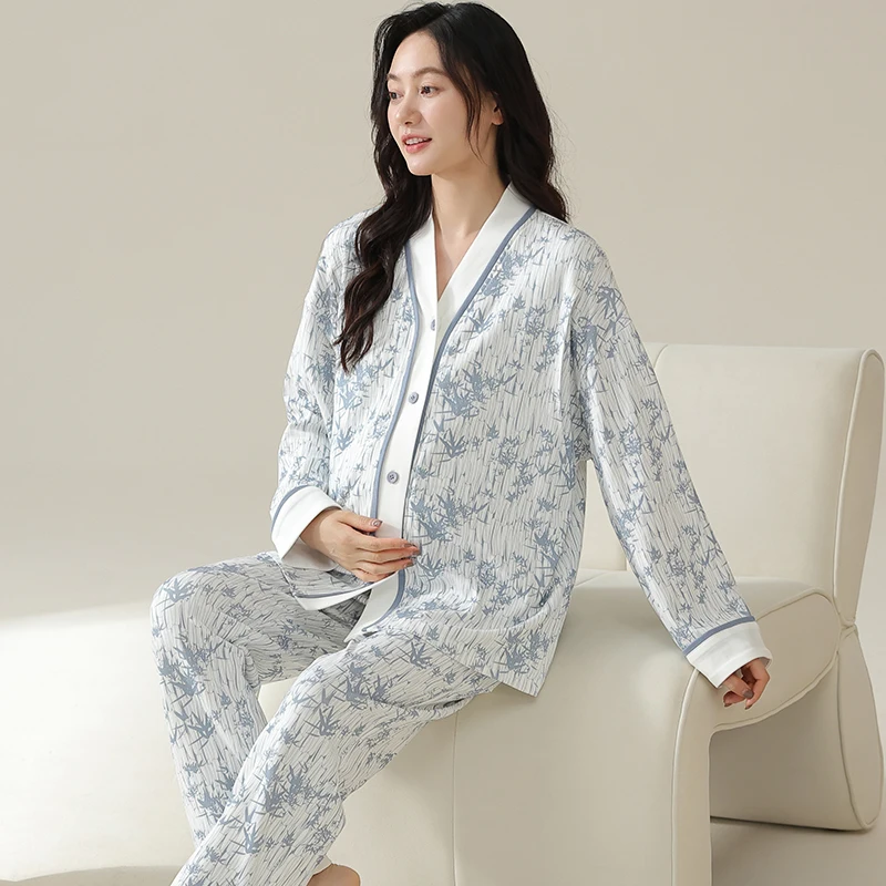 Printed Modal Nursing Sleepwear for Maternity Autumn Spring Breastfeeding Cardigan Pajamas Suits Pregnancy Hospital Homewear