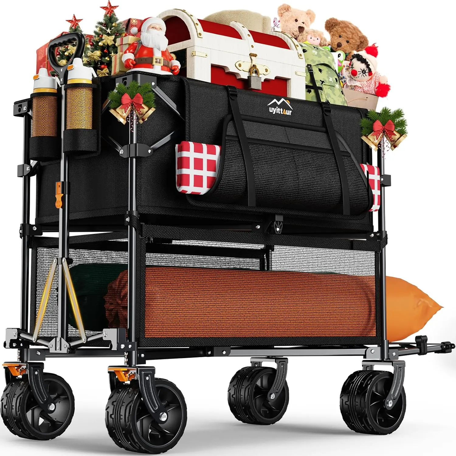 50''L Extra Long Double Decker Wagon for Sport, 400L Collapsible Heavy Duty Wagon Cart with Big Wheels, Utility All-Terrain