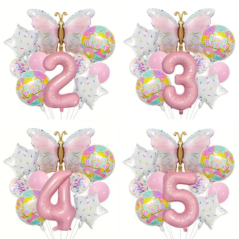 Juego de globos con números rosas de 32 pulgadas, decoraciones de cumpleaños de mariposa degradada para niñas, suministros de decoración para fiesta de cumpleaños de mariposa