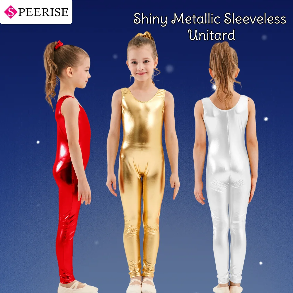 

Girls Shiny Metallic Sleeveless Unitard Ballet Dancewear Gymnastics Leotard Jumpsuit Bodysuit Stage Performance Costumes