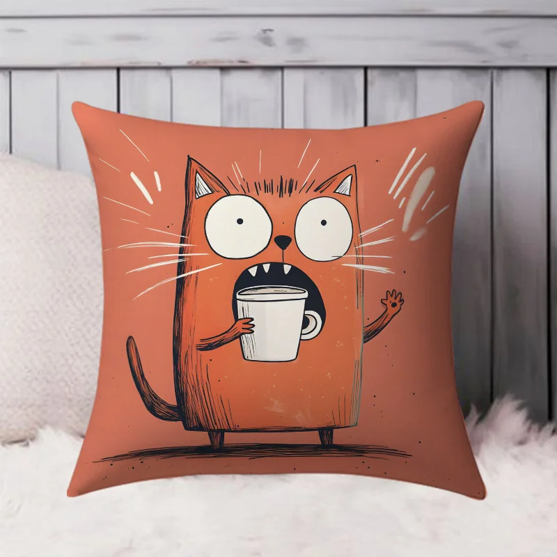 Funda de Almohada con Diseño Divertido de Gato Naranja Bebiendo Café, Linda Funda de Cojín con Gatito Amante de la Cafeína para Sala de Estar, Sofá, Dormitorio, Hogar