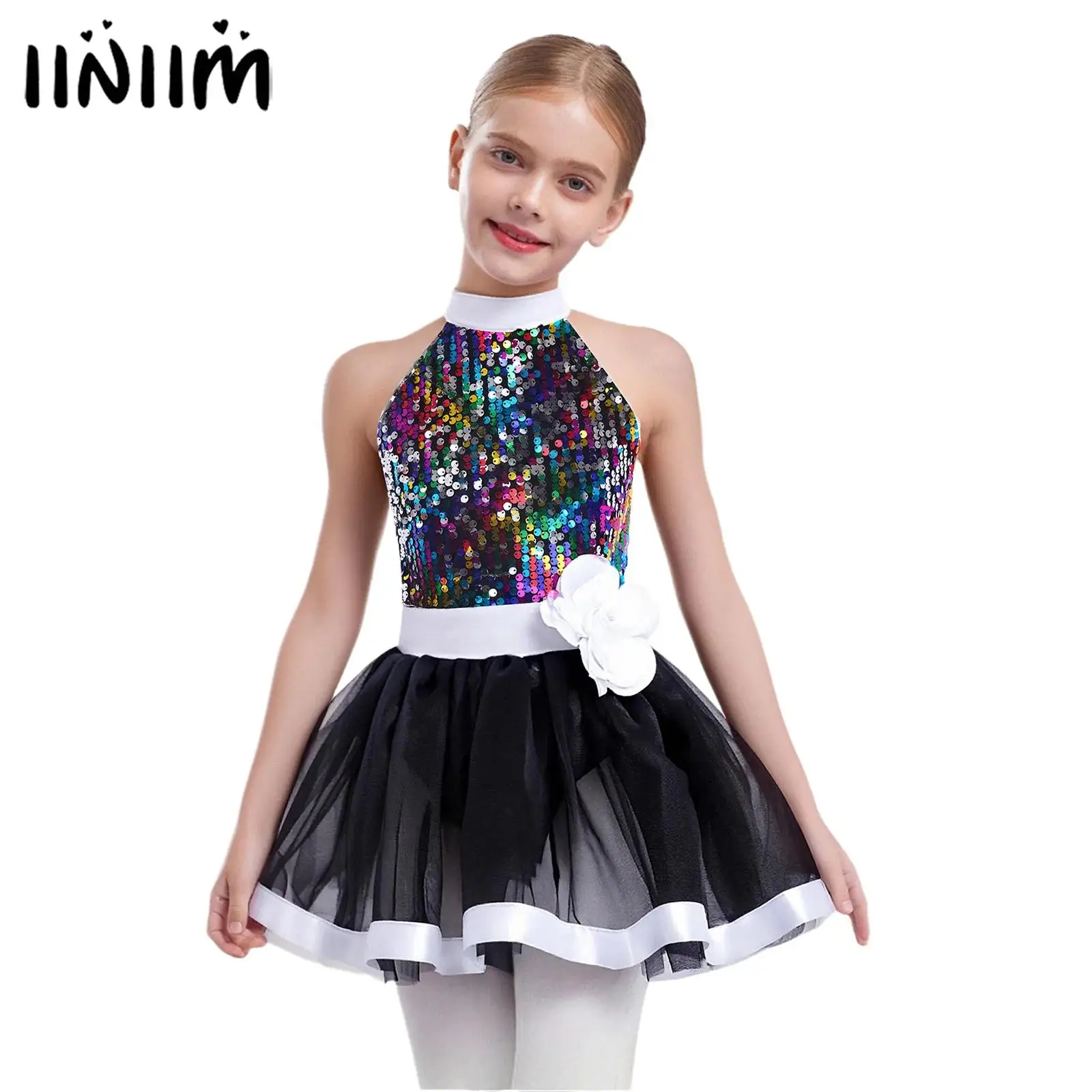 

Kids Girls Shiny Sequins Gymnastics Leotards Figure Skating Ballet Tutu Dress Layered Tulle Ballerina Dance Dresses Costume