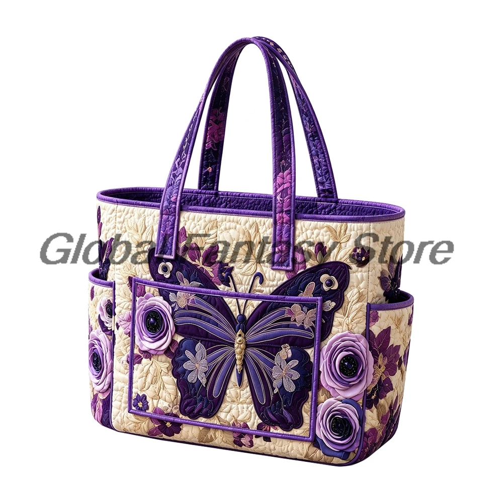 Butterfly Flower Pattern Quilted Tote Bag Boho Floral Print Multiple Pockets Shoulder Handbag Women Daily Shopping Bags