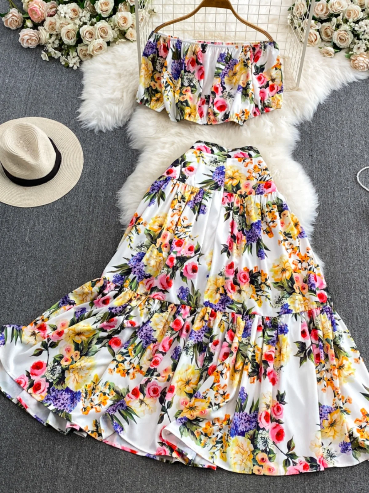 

Sexy Print Crop Top High Waist Skirt Two-Piece Set Women's Faion Spring Summer Autumn Svel ort Sve Overhead