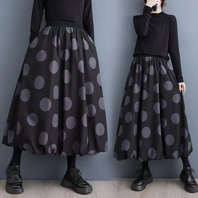

2026 New Japanese Style Polka Dot Flared Skirt For Women Plus Size Slim Elastic Waist A-Line Midi Fluffy Skirt