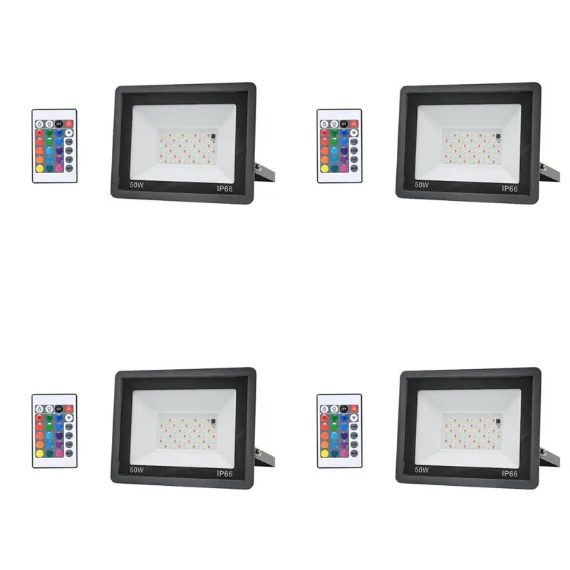 

Светодиодный прожектор RGB 4X, AC100-265V, IP66, уличный водонепроницаемый прожектор для ландшафтного освещения сада, патио, двора, 50W-A45M