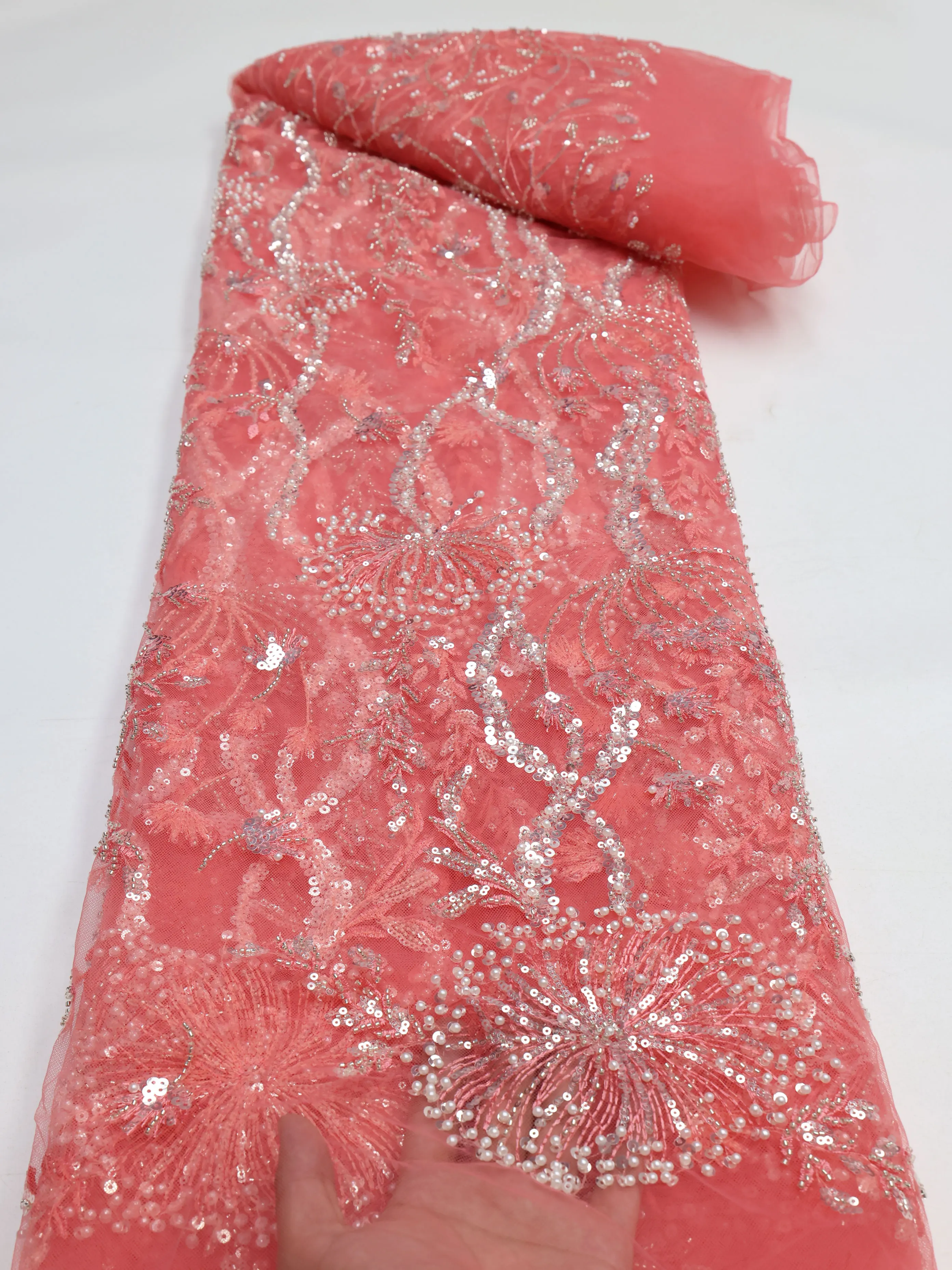 

African Luxury Sequins Lace Fabrics Latest Beaded Embroidery French Tulle Mesh Lace Fabric Material For Party Wedding