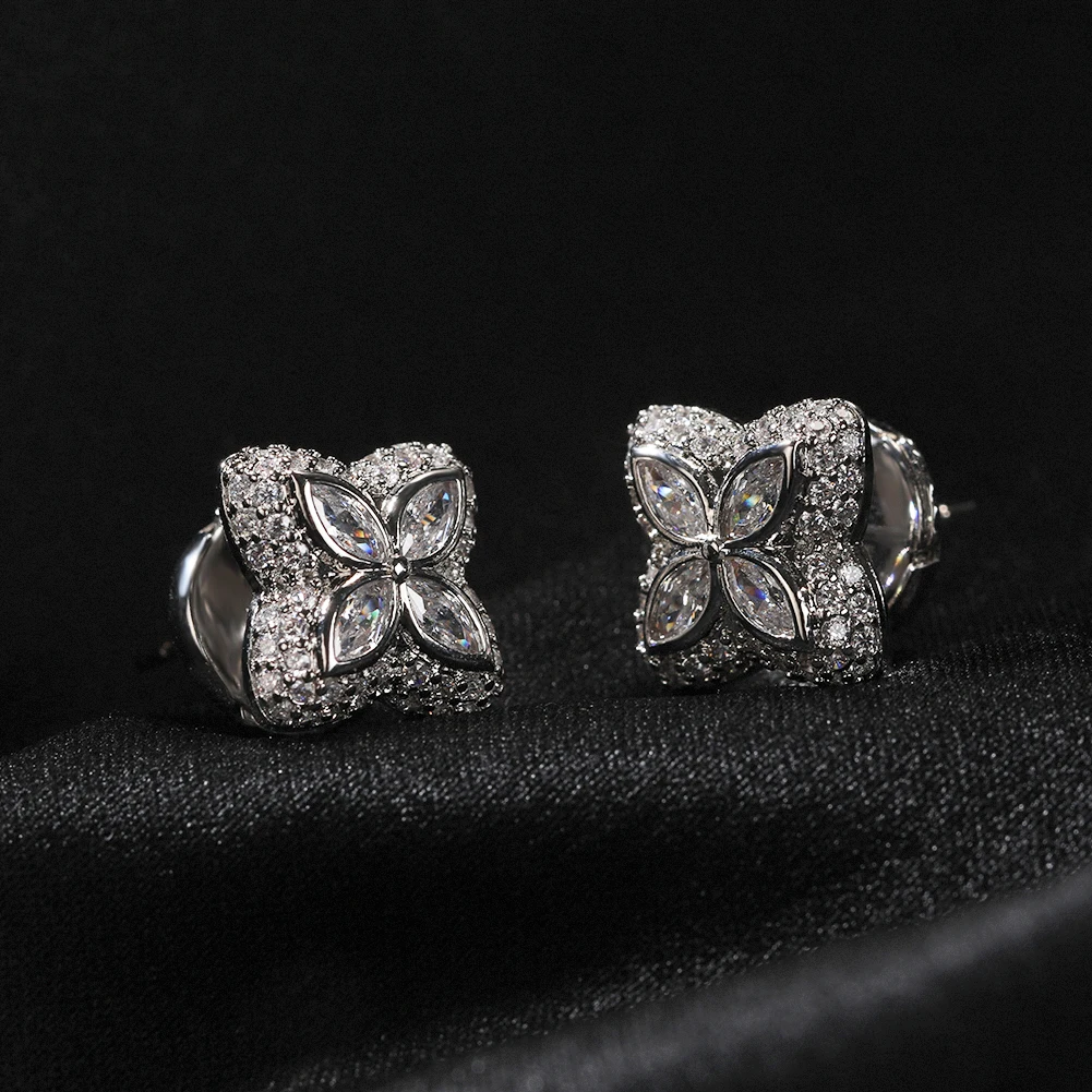 THE BLING KING Iced Clover Stud Earrings For Women Micro Paved 5A+ Cubic Zirconia Black Green Color Shiny Luxury Lovely Jewelry