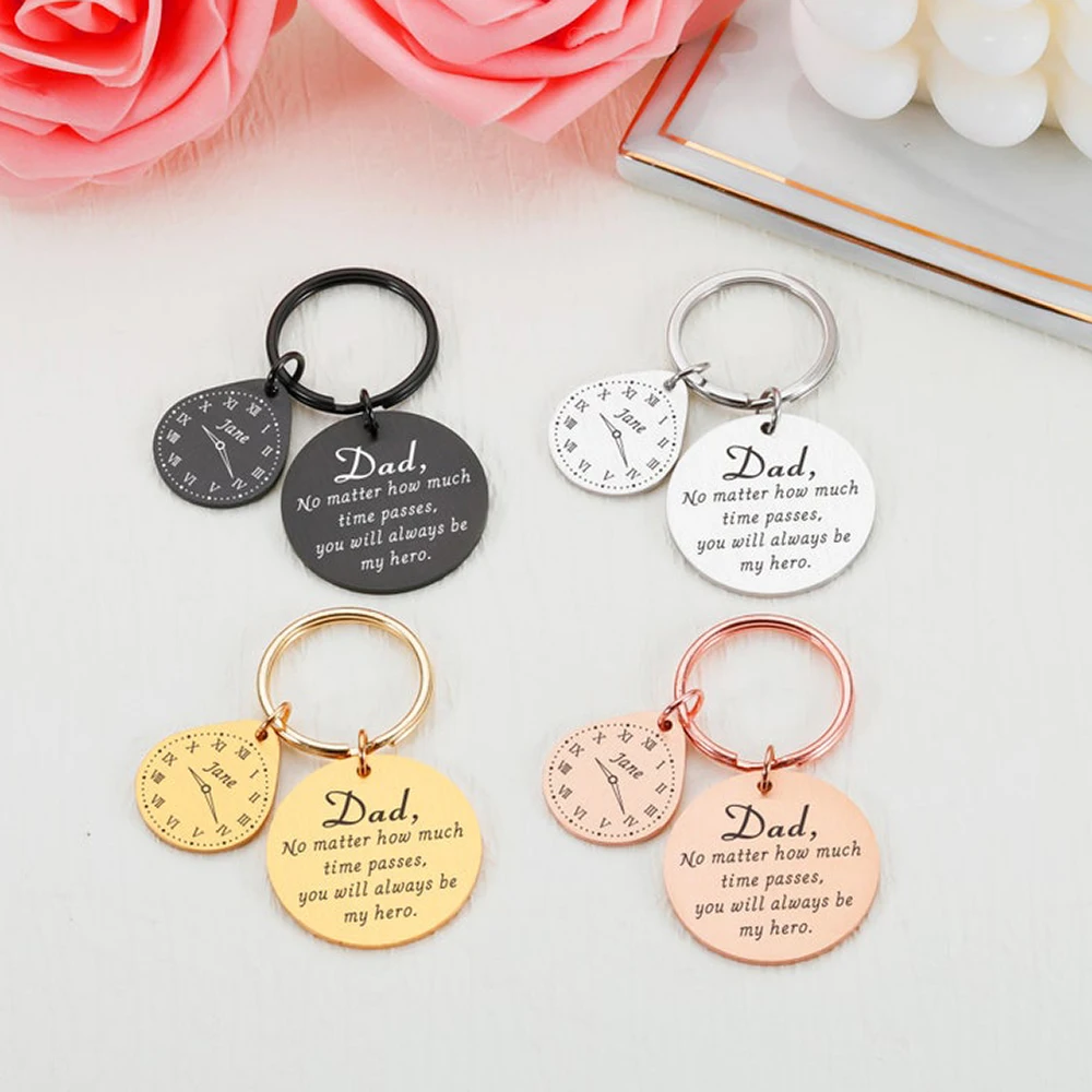 Stainless Steel Custom Dad Hero Round Key Chain 4 Colors Engraved Name Clock Key Ring Father Birthday Father’s Day Present