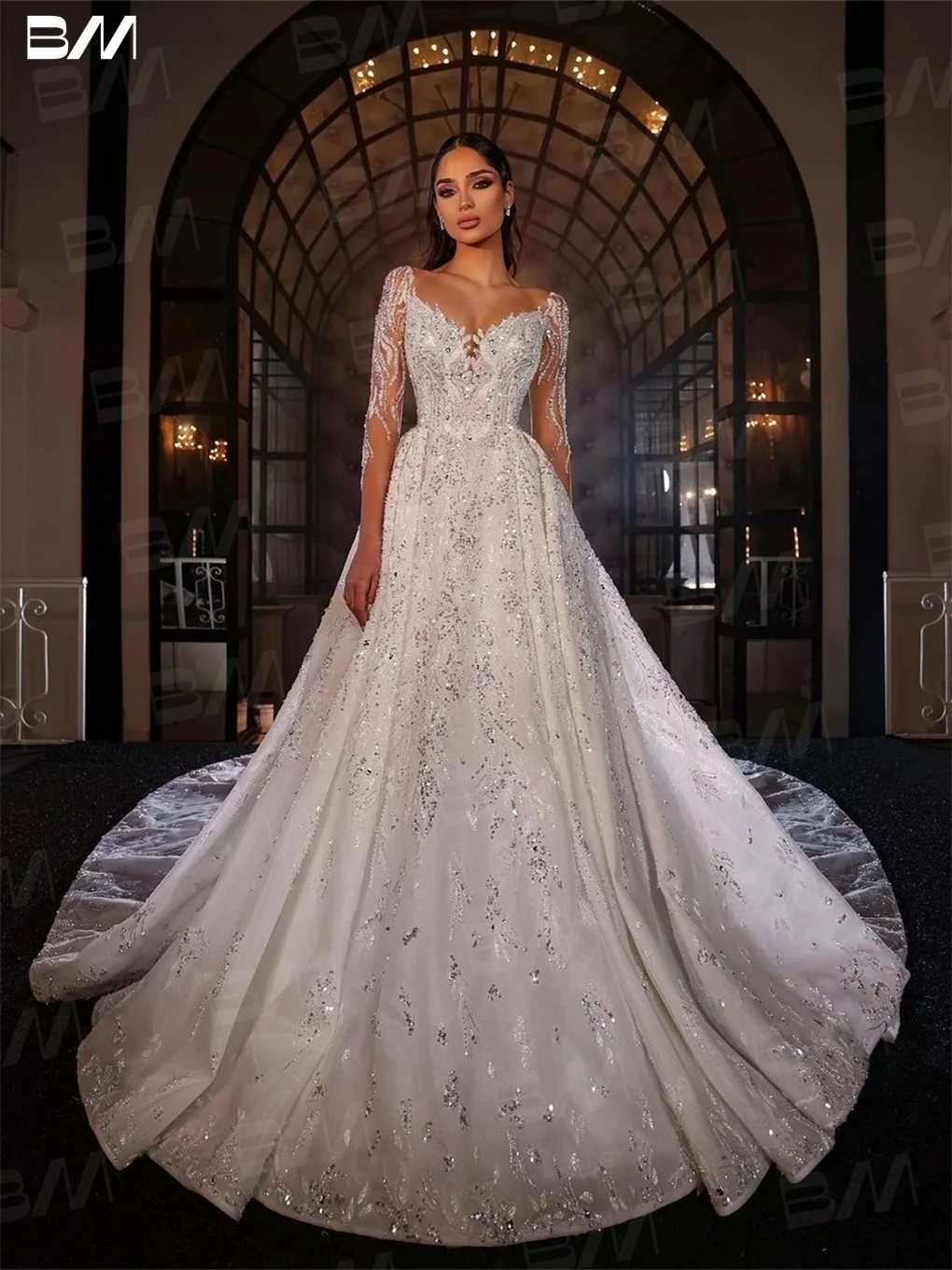 

Luxury Beaded Wedding Dress With Long Illusion Sleeve Bride Dresses Chapel Train Tulle Sequined Bridal Gown Vestidos De Novia