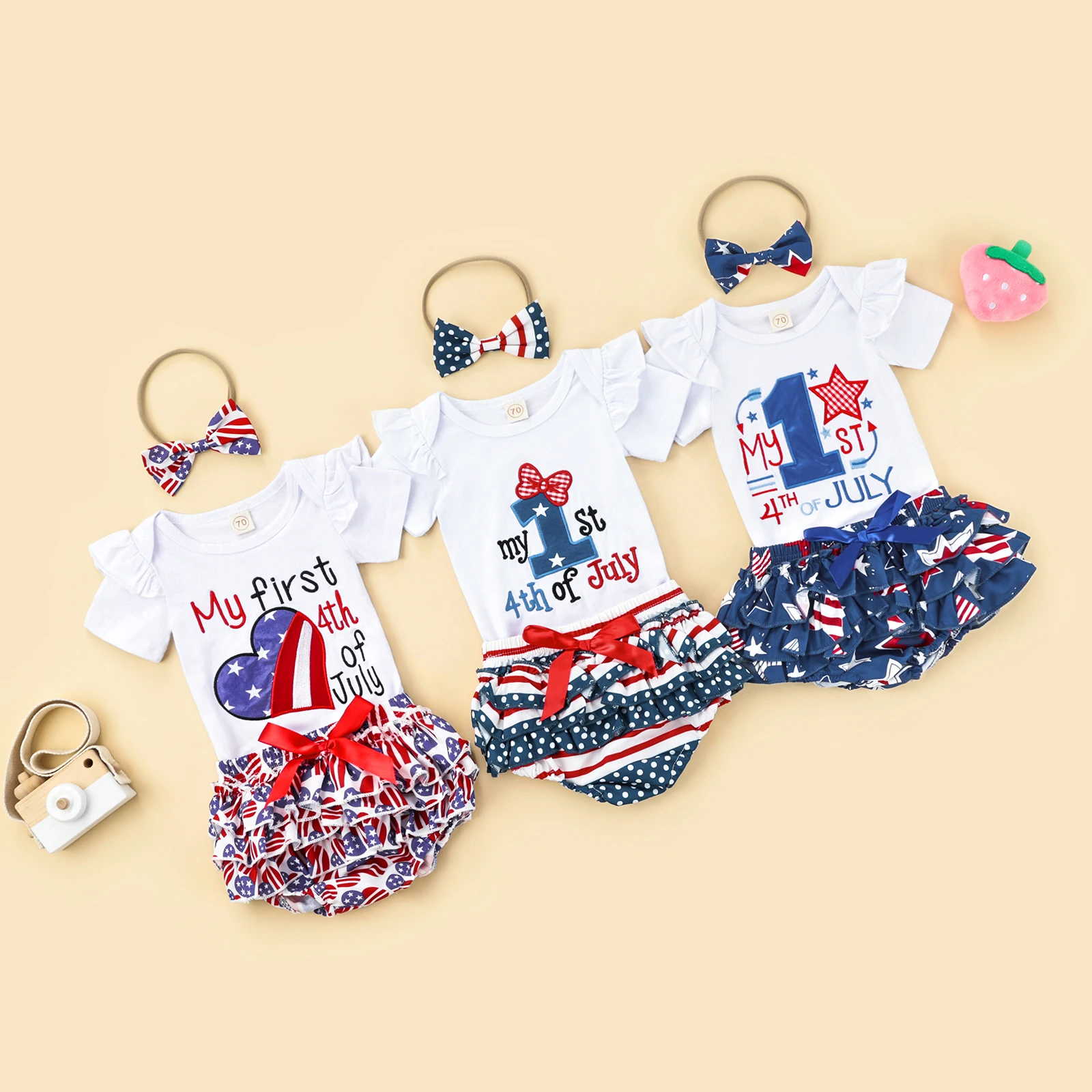 2022-03-12 Lioraitiin 0-18M Newborn Infant Baby Girl 3Pcs Independence Day Summer Clothing Letter Printed Bodysuit Top Shorts